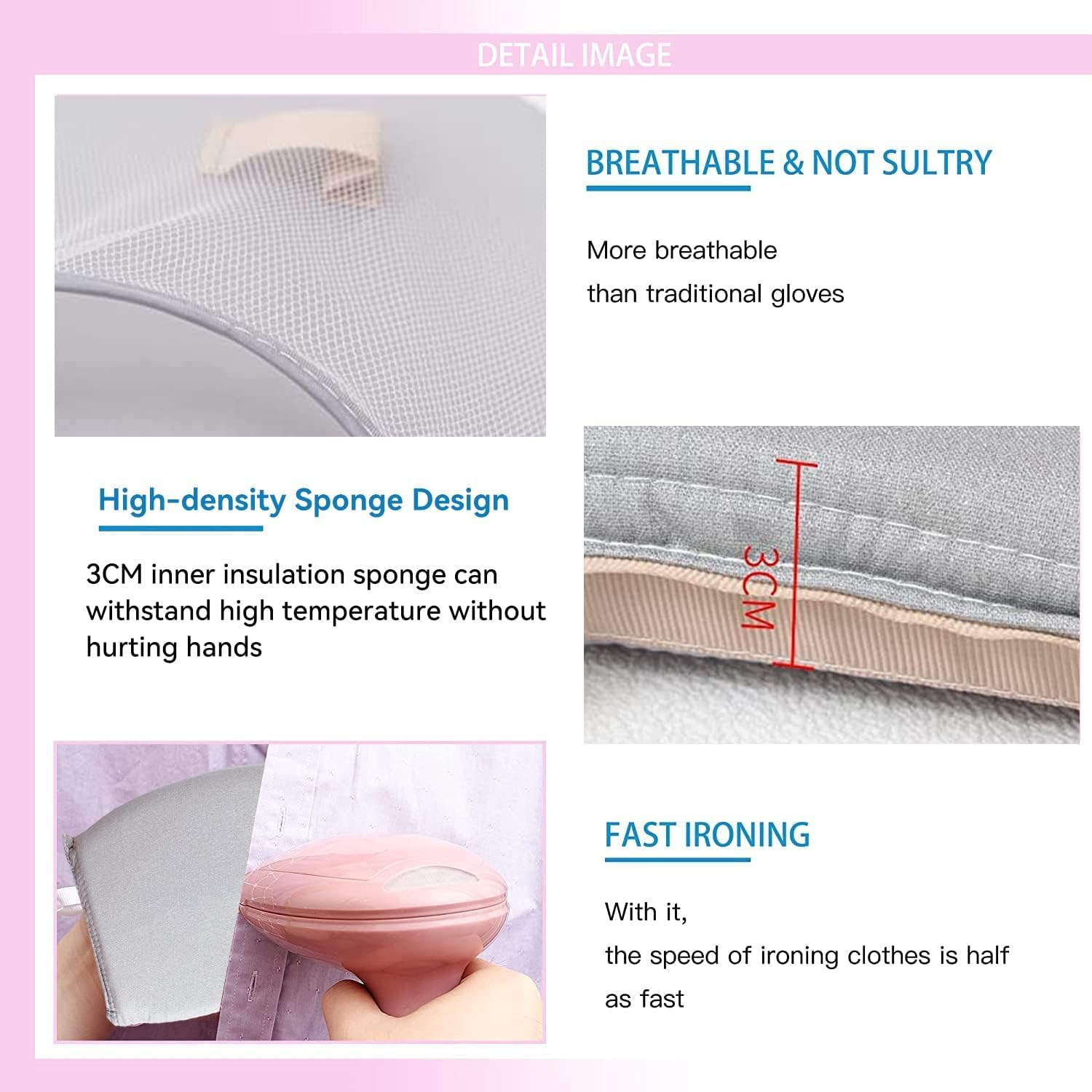 JZS Garment Steamer Ironing Glove, Waterproof Mini Ironing Board with Finger Loop Garment Steamer Accessories Mitt Heat Resistant Gloves for Clothes Steamers,Round,Grey,2 Set image number 3