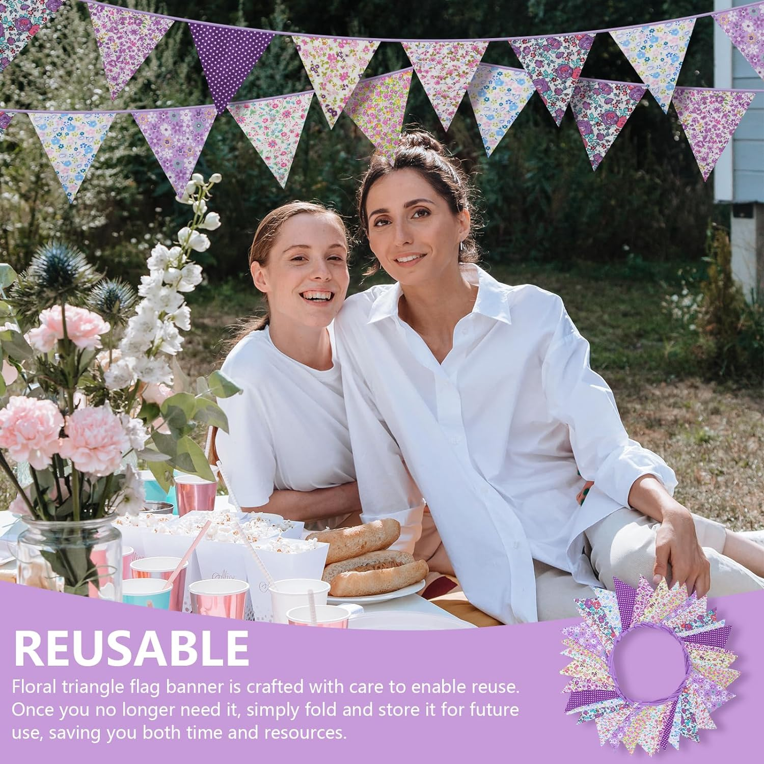 33Ft Floral Triangle Flags, Vintage Bright Triangle Pennants, Purple Bunting Garland Fabric Banner for Birthday Wedding Garden Party Afternoon Tea Decor Outdoor & Home Decoration image number 6