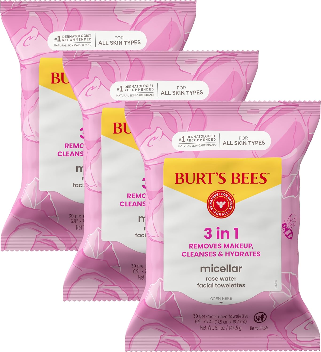 Burt'S Bees Rose Water Face Wipes, for All Skin Types, Hydrating Micellar Makeup Remover & Facial Cleansing Towelettes, 30 Ct (3-Pack)