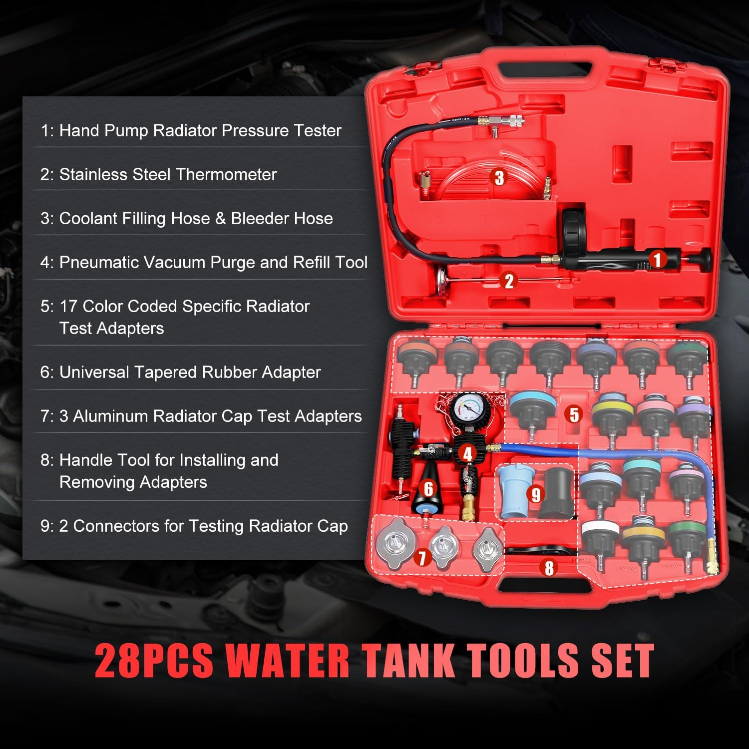 JIFETOR Radiator Coolant Pressure Tester Vacuum Refill Tool Kit, 28PCS Automotive Cooling System Leak Test and Pneumatic Purge Fill Set with Testing Adapter Caps Universal for Airlift Car Auto Truck - Black Case image number 5