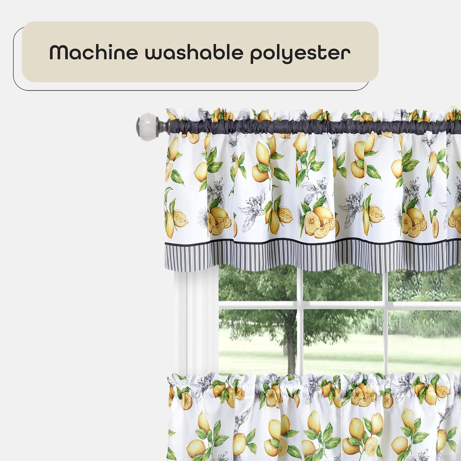 Light Filtering Window Curtain, Printed Tier & Valance Set - 58 Inch Length, 36 Inch Width - Lemon Drop (Yellow), Machine Washable Drape for Kitchen, Bedroom, Living, & Dining Room by Achim Home Decor image number 3