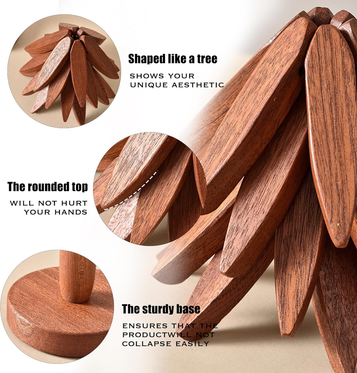 Bamboo Trivets for Hot Dishes, Wooden for Hot Dishes/Pot/Bowl/Teapot/Pot Holders, Trivet 4-Piece Set, Natural Foldable Wooden Trivet, Tree Shape Set (Dark 3 Trivets) image number 4