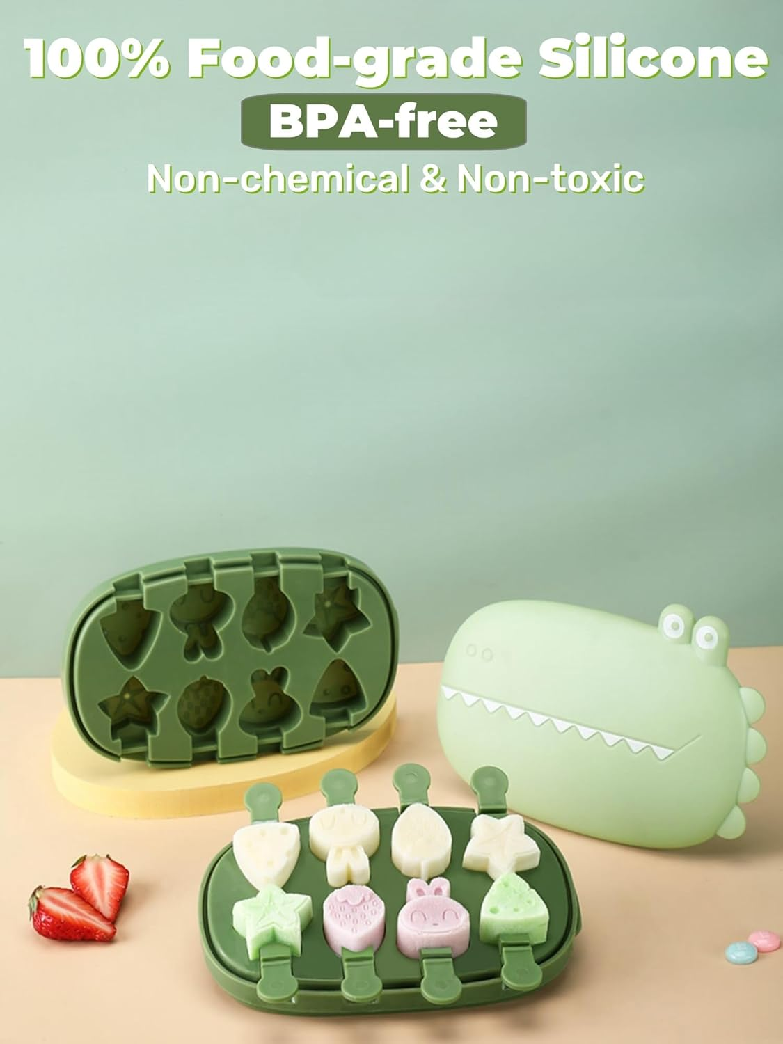 Silicone Popsicle Molds, Cute Cartoon Animal Flower Friut Bunny Molds, Mini Size Reusable Cake Pop Mold Set with Lid and Stick, Easy Release BPA Free (Green-Crocodile(8 Pieces)) image number 6
