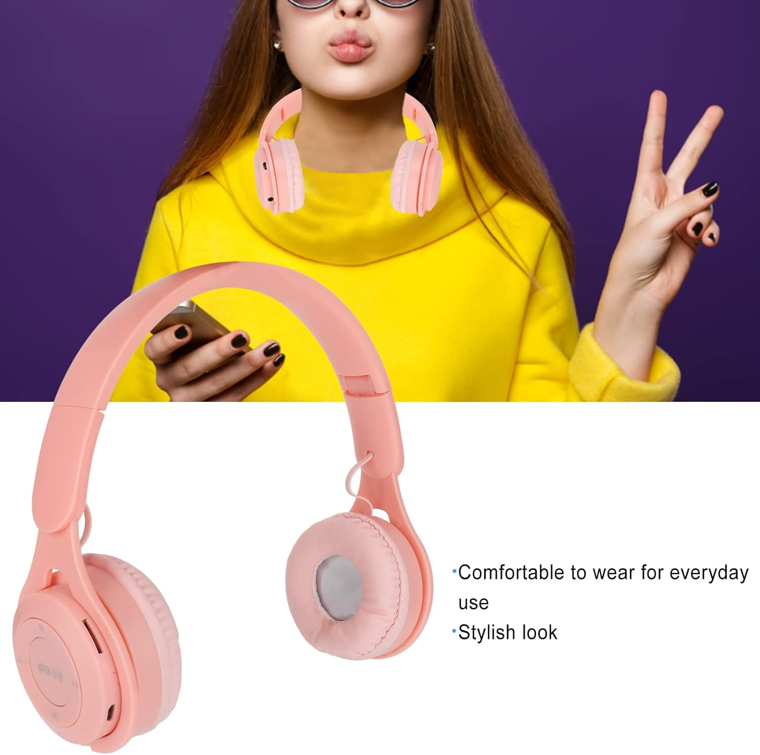 Kids Headphone Foldable over Ear Headphones with Stereo Sound for Kids, Chip with 5.0, Easy to Operate for Comfortable Experience (Roseate) image number 6