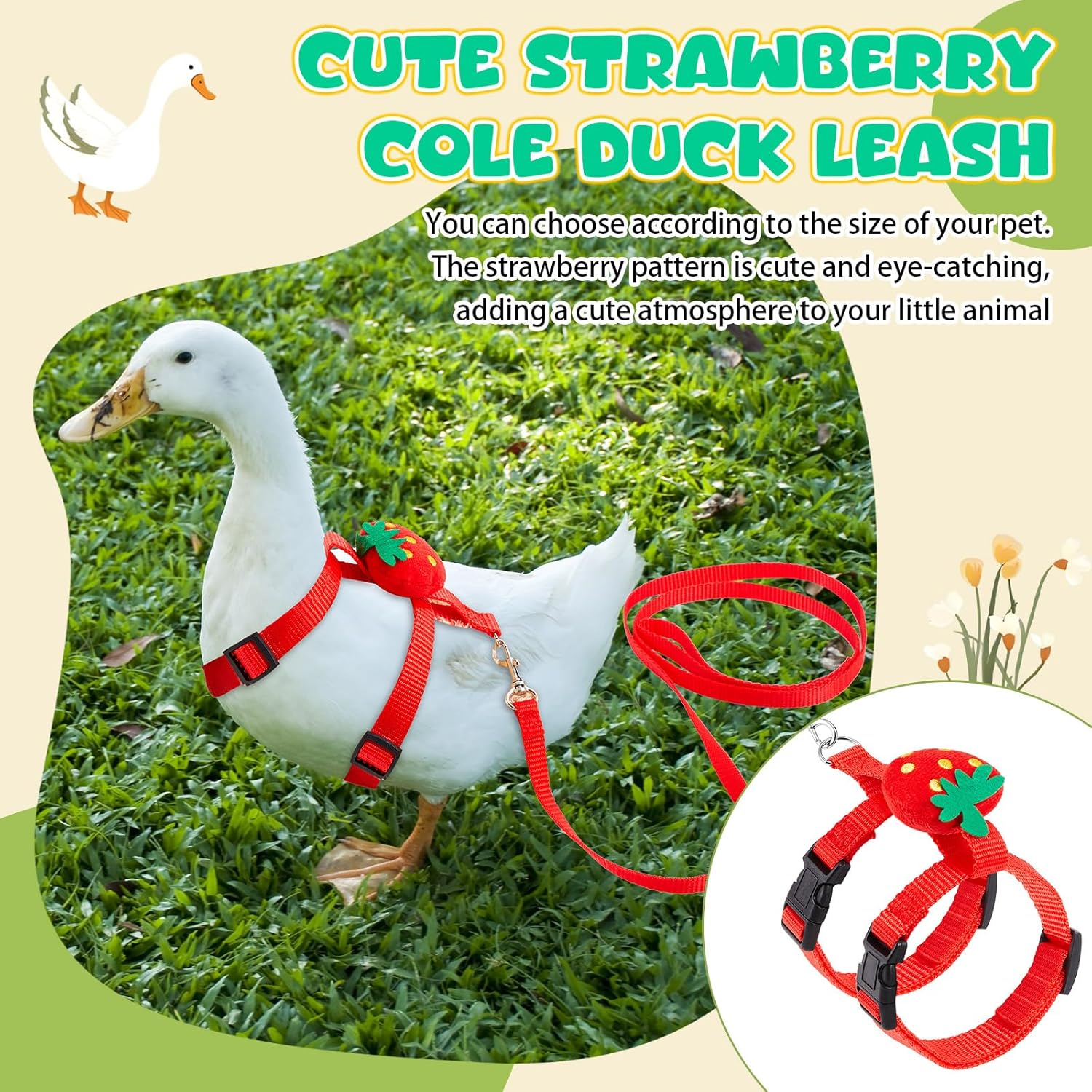 Siltriangle Cole Duck Harness Leash Set Adjustable Walking Cole Duck Harness Rope Pet Vest Cute Strawberry Pattern Outdoor Training Traction Rope for Chicken Rabbit Kitten Pig Puppy Small Animals(Xs) image number 5