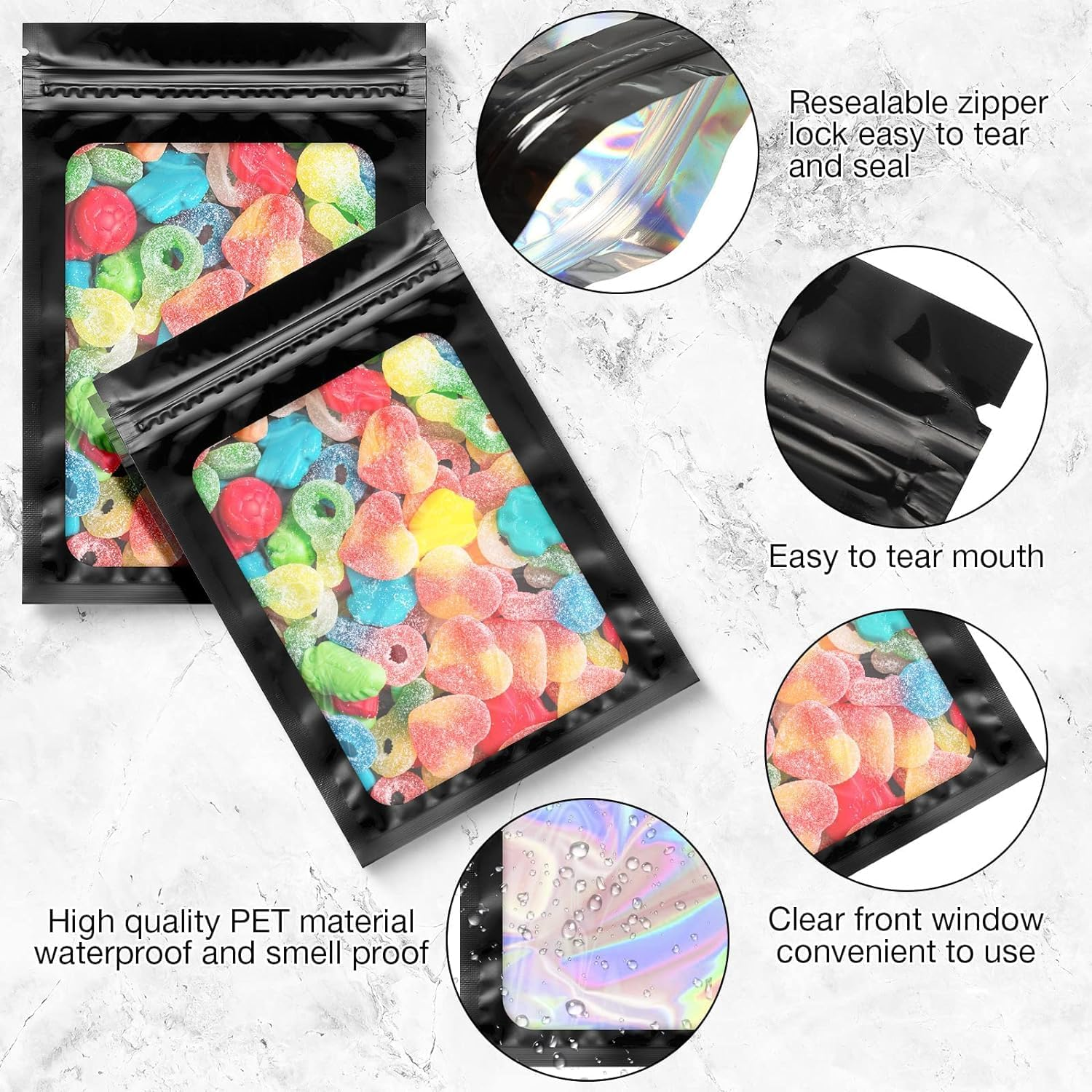 100PCS Black Holographic Mylar Resealable Packaging Bags for Small Business, Smell Proof with Front Clear Window, Foil Pouch for Food, Candy, Jewelry, Goodie (7X10Cm) image number 1