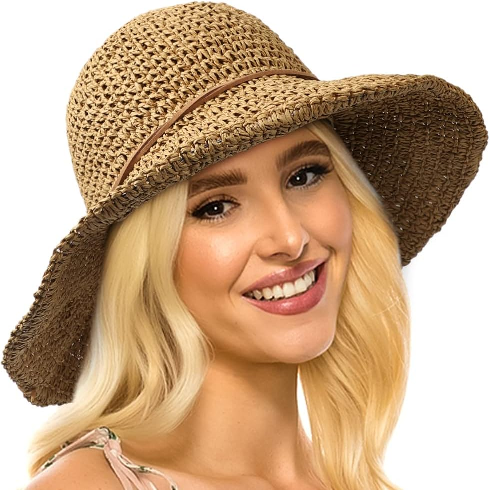 Women'S Foldable Sun Hat Wide Brim UPF 50+ Braided Summer Straw Floppy Beach Hat
