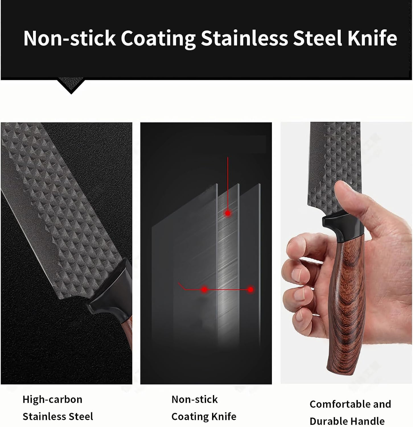 Knife Set, 7 PCS Stainless Steel Kitchen Knife Block Set with Built in Knife Sharpener, Black Non Stick Coated Knife, No Rust and Sharp Knife,Best Giftdark Brown Handle image number 5