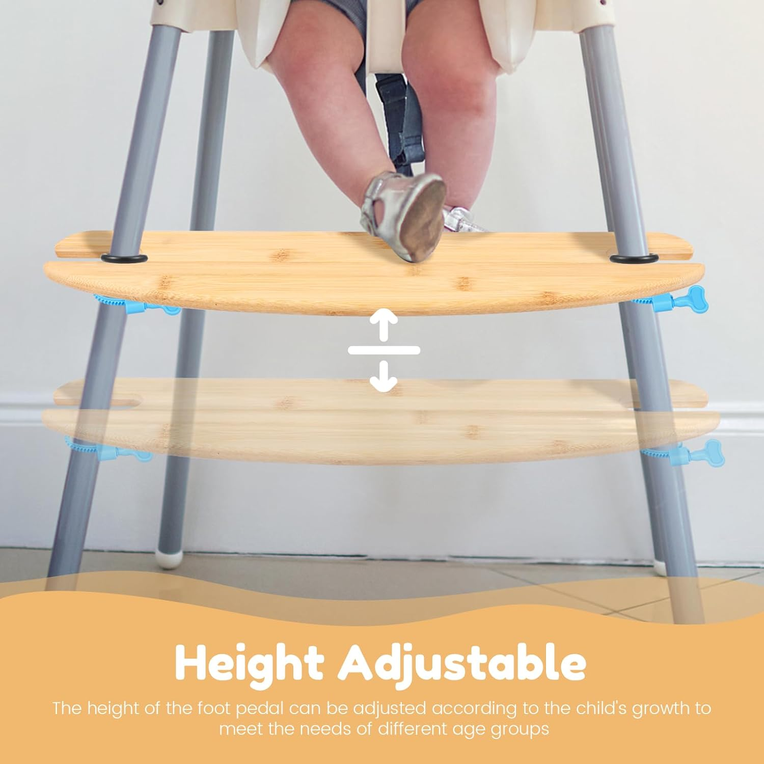 2 Pcs Bamboo High Chair Foot Height Adjustable High Chair Footrest with 2 Rubber Rings and Fixing Rings for Home Indoor Use image number 6