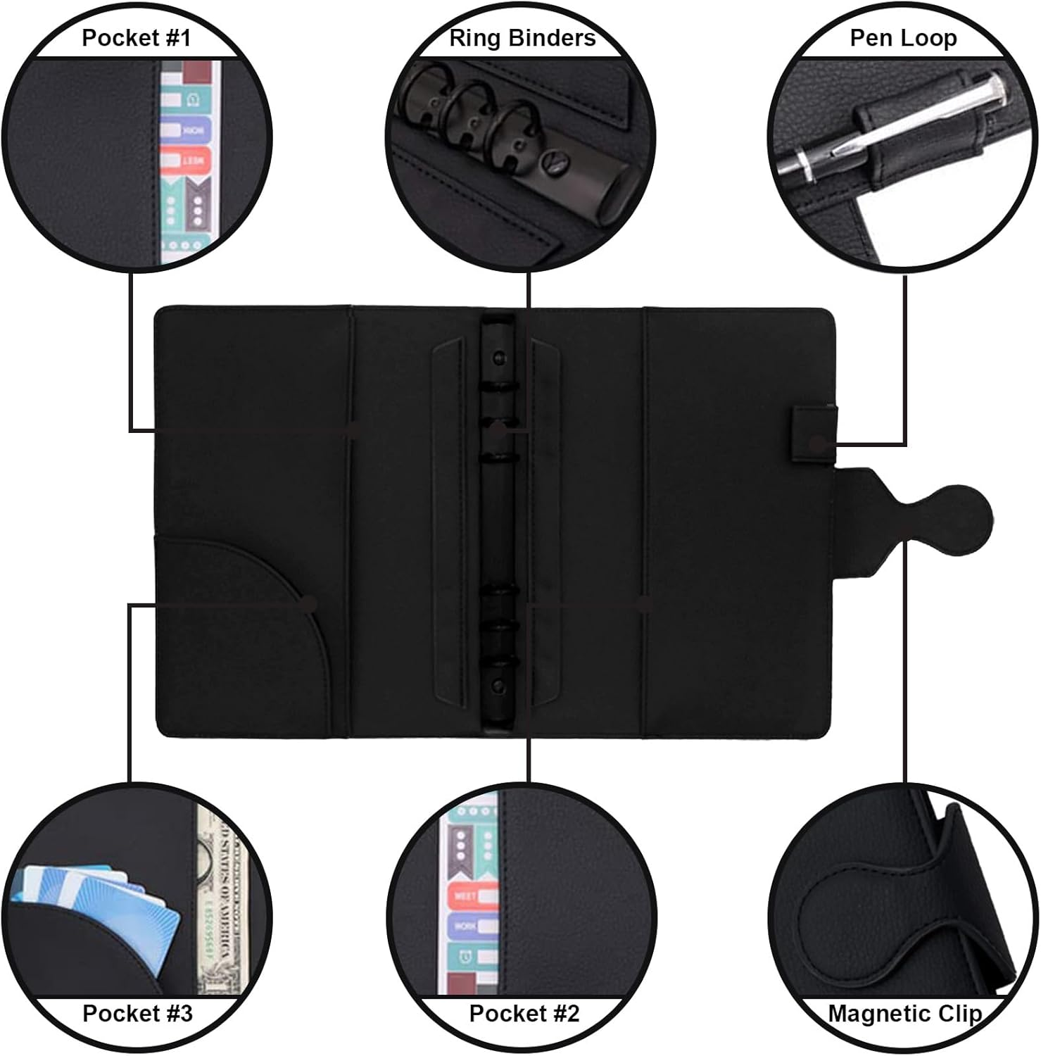 HXRTANGS PU Leather Notebook A5, 6-Ring Binder Journal Refillable Business Notebook, Personal Planner Organizer with Pockets/Pen Holder/Accessories/Lined Paper 160 Pages, Black - Black image number 3