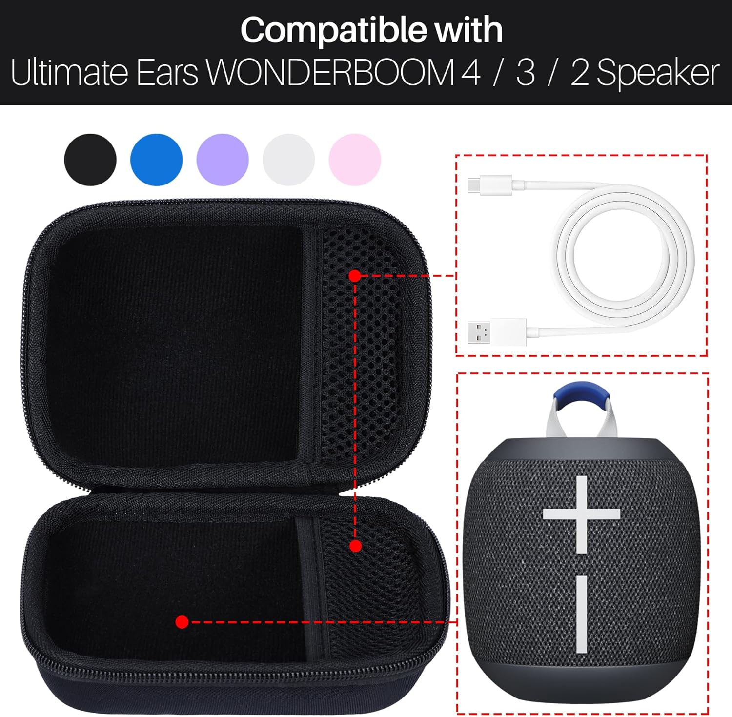 Lebakort Storage Case Compatible with Ultimate Ears UE WONDERBOOM 4 3 2 Portable Waterproof Bluetooth Speaker (Purple Case) - Red image number 7
