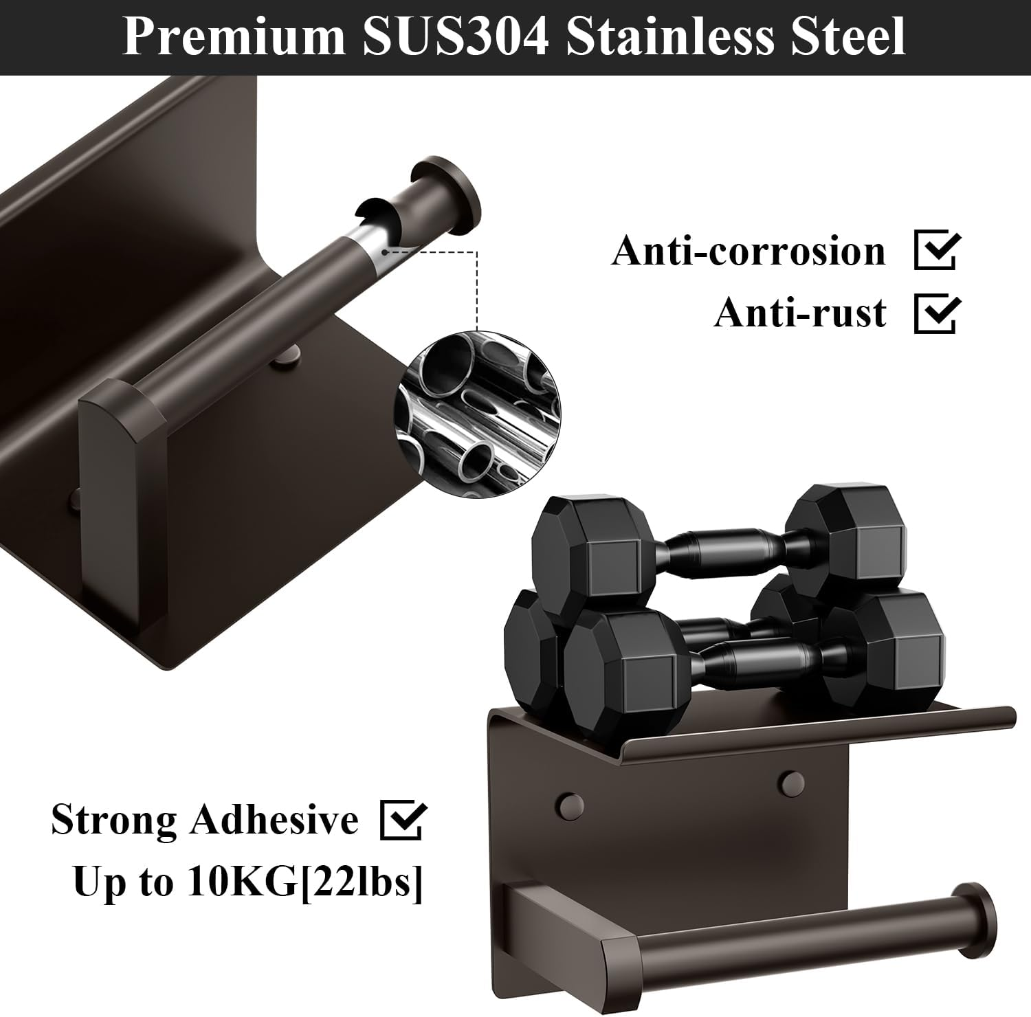 Tindbea Toilet Paper Holder with Phone Shelf + Towel Robe Hooks, Adhesive or Screw Wall Mounted Toilet Paper Roll Storage Dispenser, Stainless Steel Bathroom Tissue Roll Holder (Bronze)