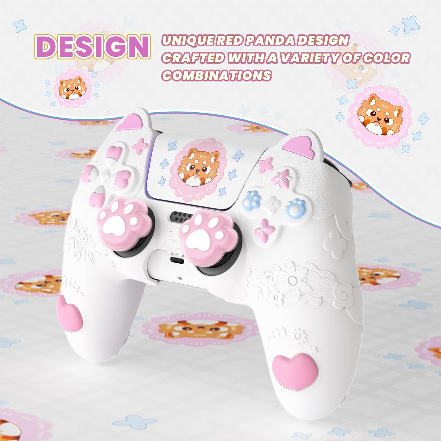 Playvital Cute Spring Lesser Panda Silicone Cover for Ps5 Controller with Joystick Cap and Sticker, Anti-Grip Shockproof Skin, Compatible with Charging Station, White image number 5