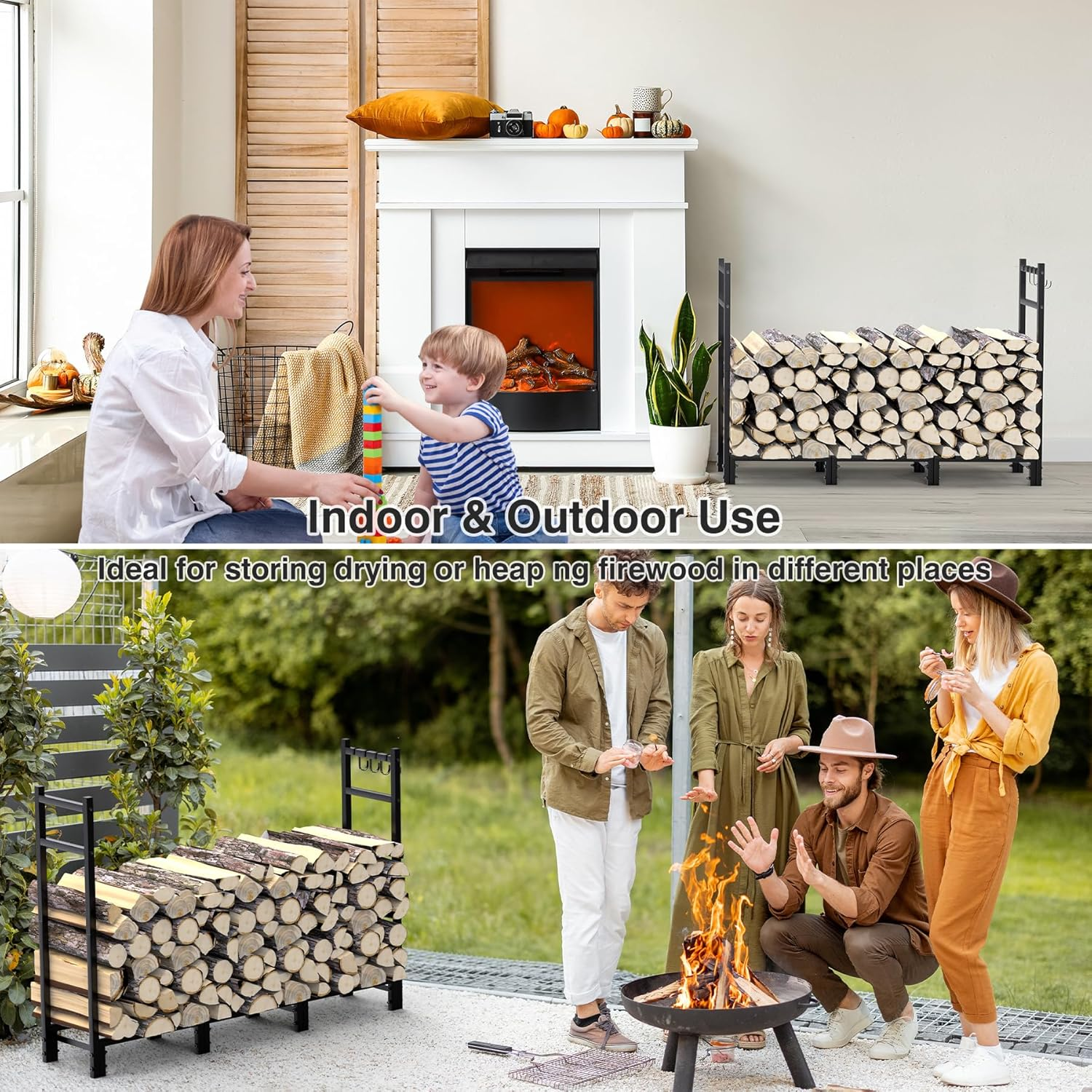 Firewood Rack, Heavy Duty Big Fireplace Rack, 44.7"L X 31.5"H Folding Firewood Storage Log Rack with 4 Hooks, Adjustable Fireplace Log Rack for Wood Storage,Keeps Firewood Neat,Drying-Not Include Wood image number 5