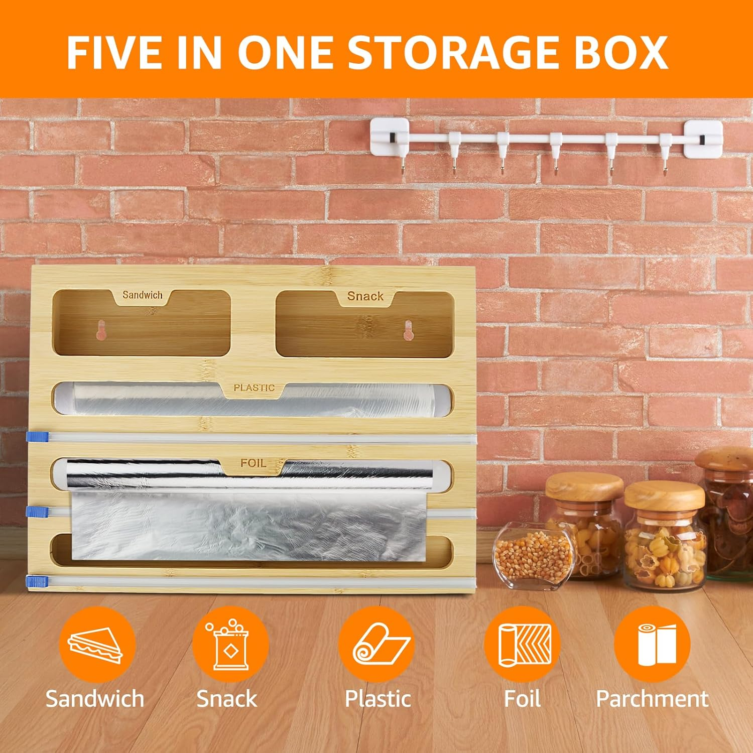 5 in 1 Bamboo Plastic Wrap Dispenser with Cutter Versatile, Foil Dispenser and Cutter for Kitchen Storage Drawer Organization,Cling Film Dispenser for Restaurant Bakeries Fruit Store image number 6