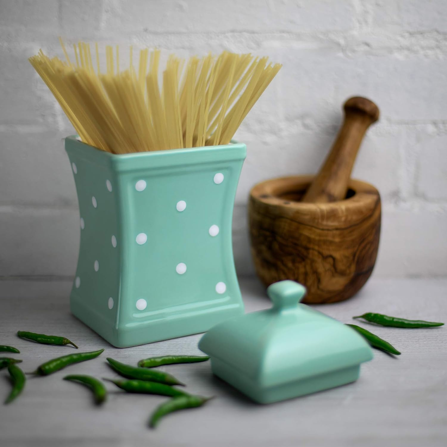 Handmade Teal Blue and White Polka Dot Large Ceramic 31.5Oz/900Ml Kitchen Storage Jar with Lid | Pottery Canister, Cookie Jar, Housewarming Gift by City to Cottage&reg; image number 4