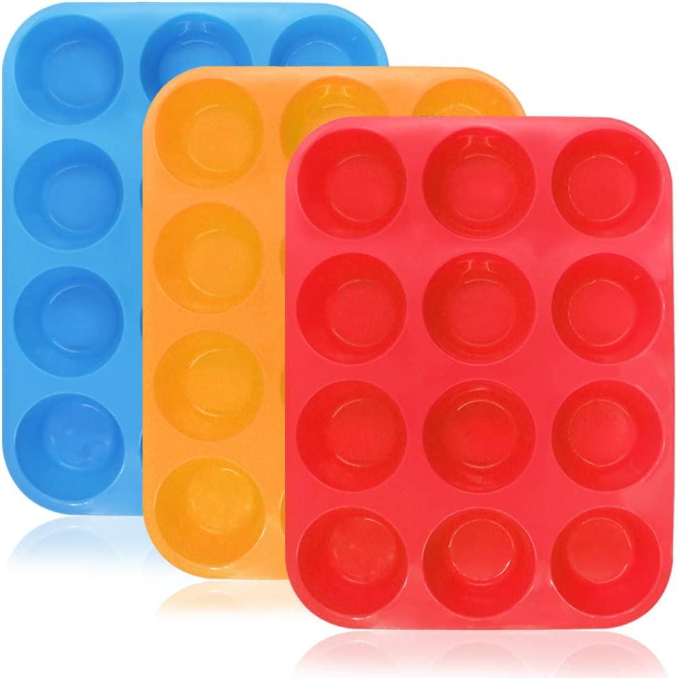 12 Cups Silicone Muffin Pan, Cupcake Pan, Yucool 3 Pack Silicone Molds for Muffin Tins, Cakes Microwave Oven Safe (Orange, Red, Blue) image number 5