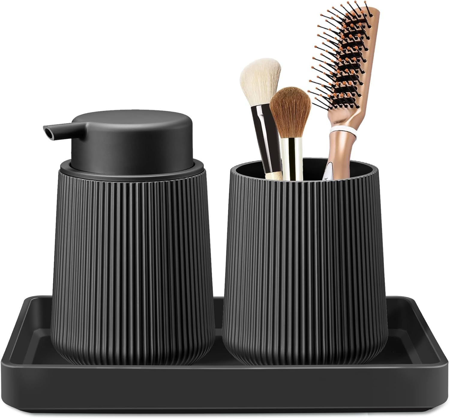Black Bathroom Accessories Set - 3Pcs Bathroom Accessory Sets with Toothbrush Holder,Lotion Soap Dispenser,Qtip Holder Dispensr & Vanity Tray,Bathroom Countertop Vanity Oganizer - Matte Black image number 3