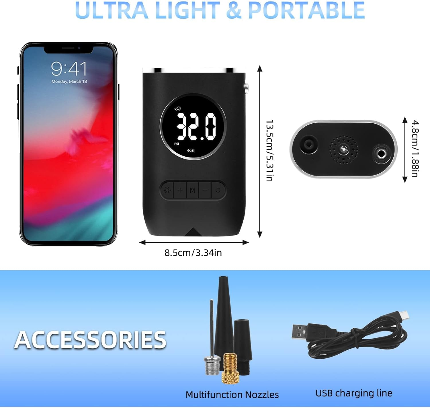 Ixtra Car Tyre Inflator Air Compressor Cordless with LED Lights Electric Bike Pumps for All Bikes Auto-Off Electric Ball Pump with Needle 150PSI Electric Car Tyre Pump with Pressure Gauge and Inflator image number 6