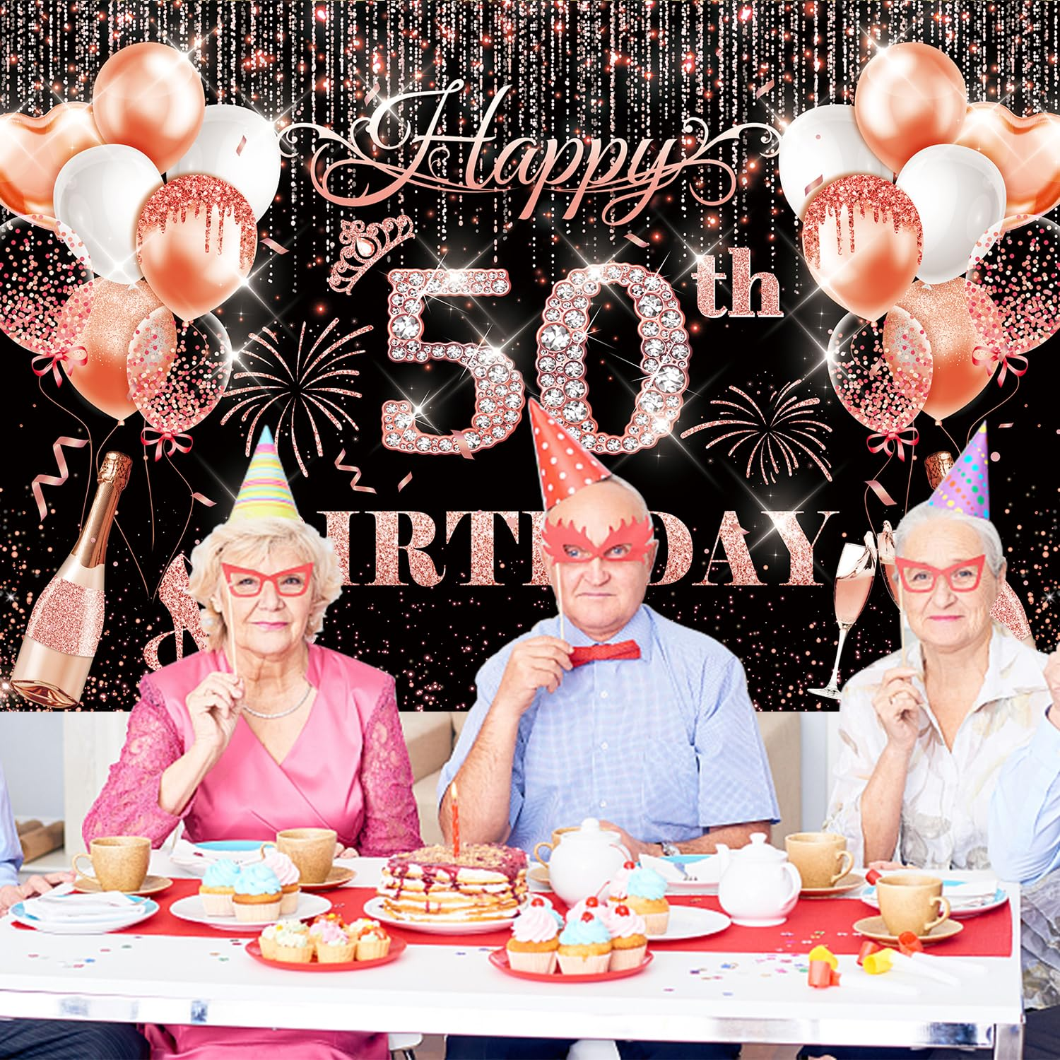 50Th Birthday Decorations for Women Her, Rose Gold 50Th Happy Birthday Banner Backdrop Decor Welcome Background Sign for Fifty Year Old Birthday Party Supplies Indoor Outdoor 71 X 45 Inchs - Color image number 3