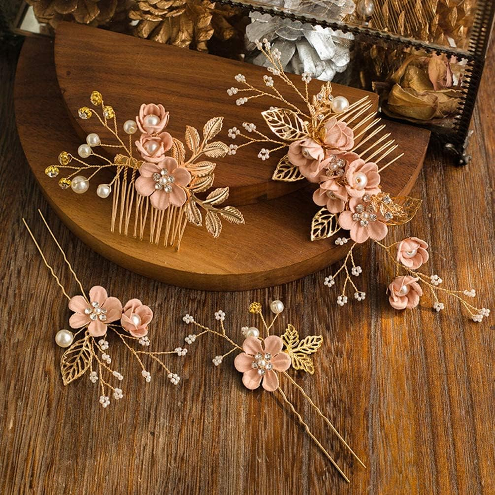 KOMUNJ Set of 4 Hair Comb Wedding Bridal Hair Accessories Wedding Hair Comb Pearl Flower Bridal Hair Accessories Rhinestone for the Bride Bridesmaid - Pink Flower
