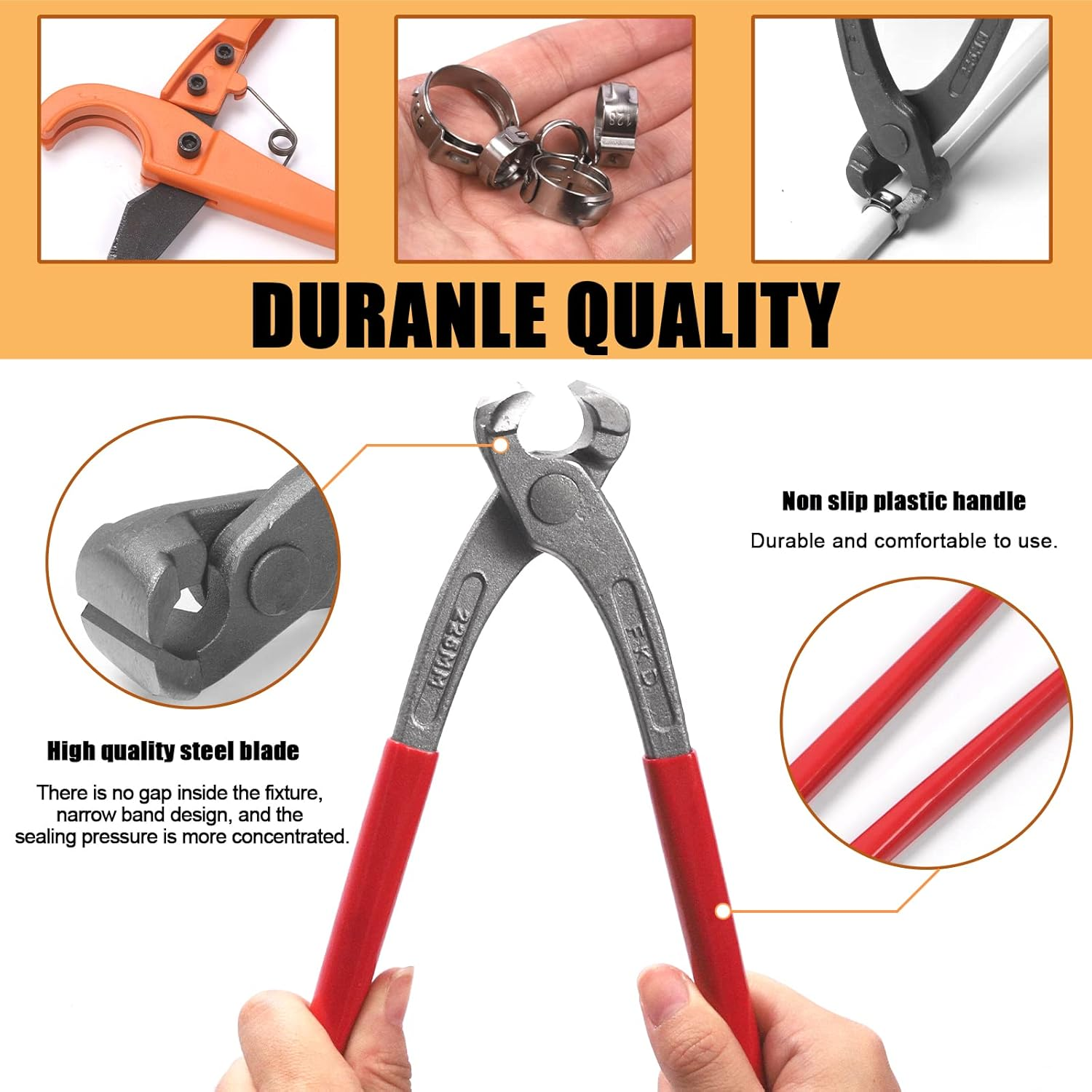 Tanstic 42Pcs 9 Inch Ear Clamp Pliers with 5 Sizes 304 Stainless Steel Single Ear Hose Clamps and PEX Tube Cutter, Pincer Crimper Tool Ear Clamp Pliers Crimper Nail Puller image number 4
