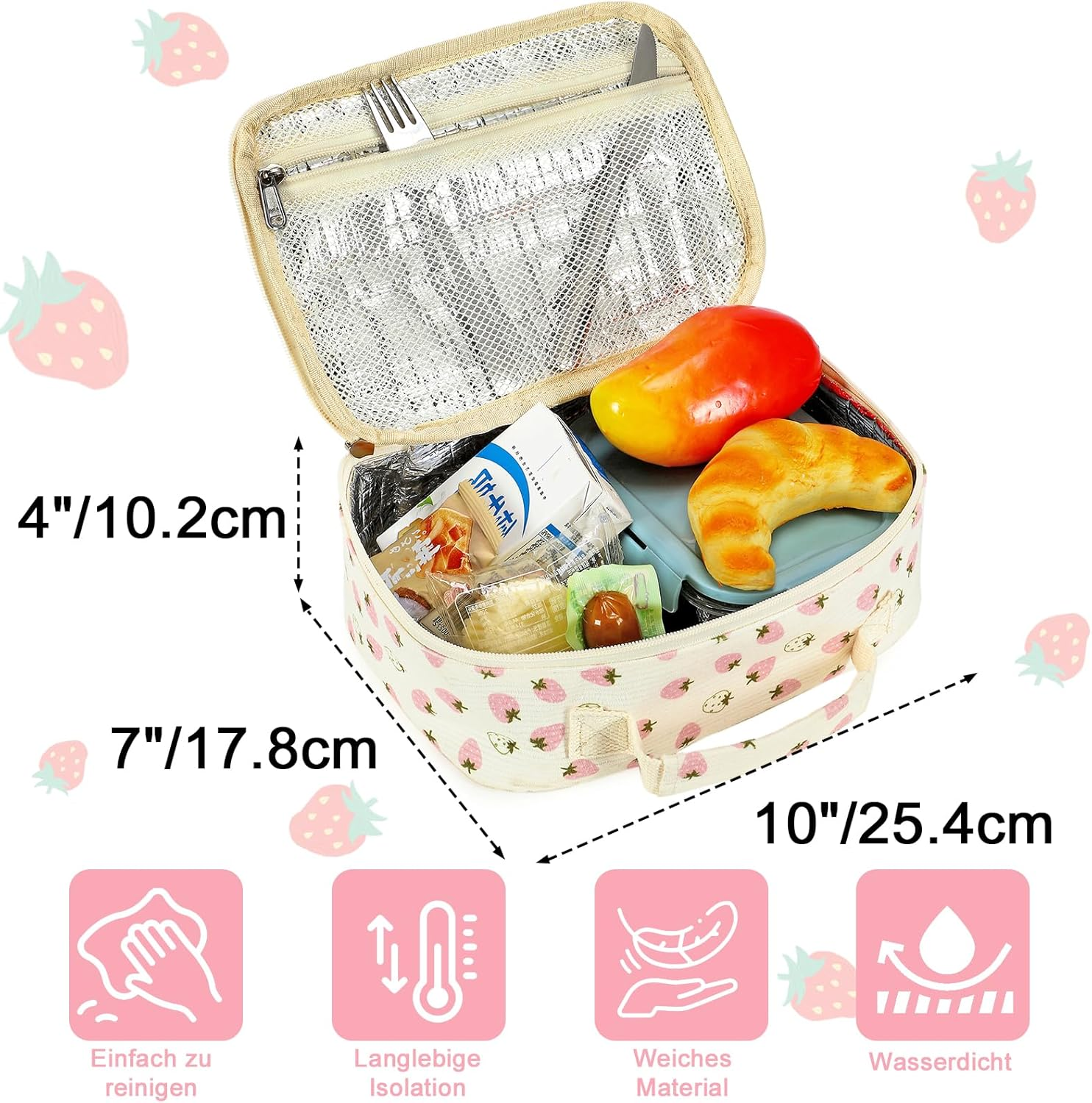 LEDAOU Children'S Lunch Bag Boys Girls 5L Lunch Bag Insulated Bag with Zip Thermal Bag Lunch Bag Cool Bag for School Hiking Work (Small White Strawberries) - Corduroy Flower Beige image number 4