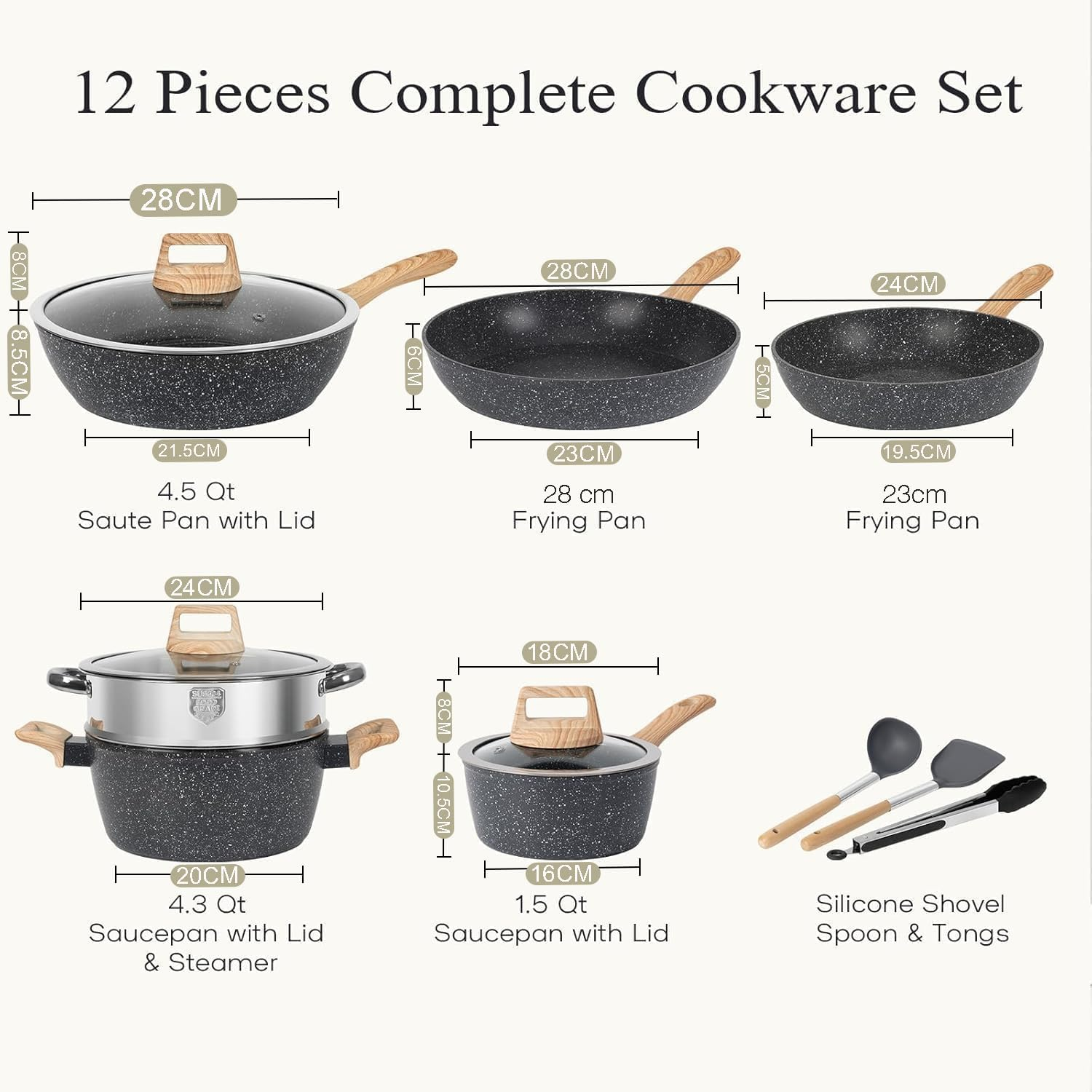 Nonstick Cookware Set 12-Piece, Healthy Pots and Pans Set, Non-Toxic Kitchen Cooking Set, with Anti-Scald Handle, PFAS and PFOA Free, Black Granite Induction Cookware image number 4