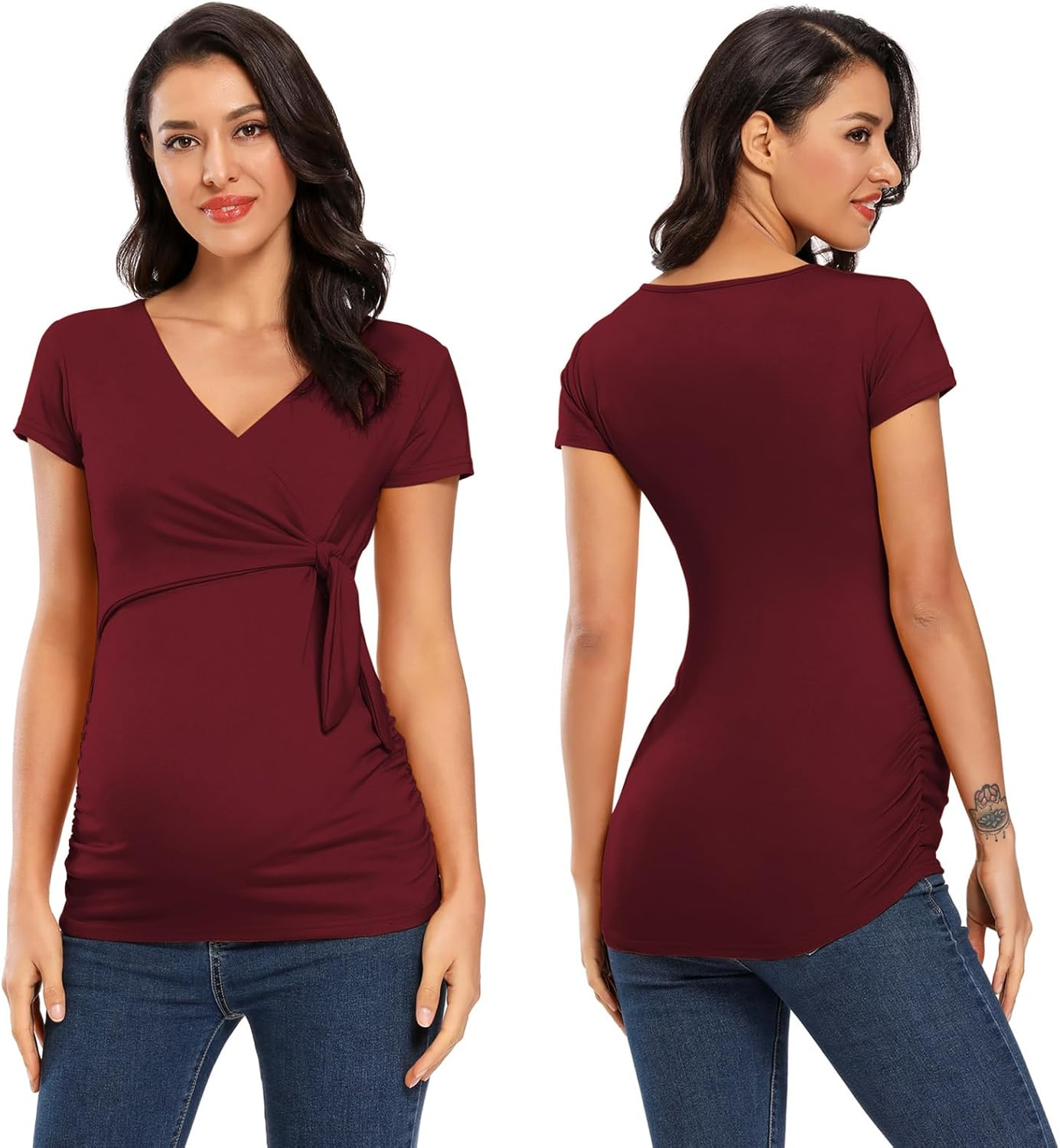 Ecavus Women'S Maternity Shirts 3 Packs Short Sleeve Tie Front Wrap Nursing Tops V Neck Pregnancy Clothes image number 1