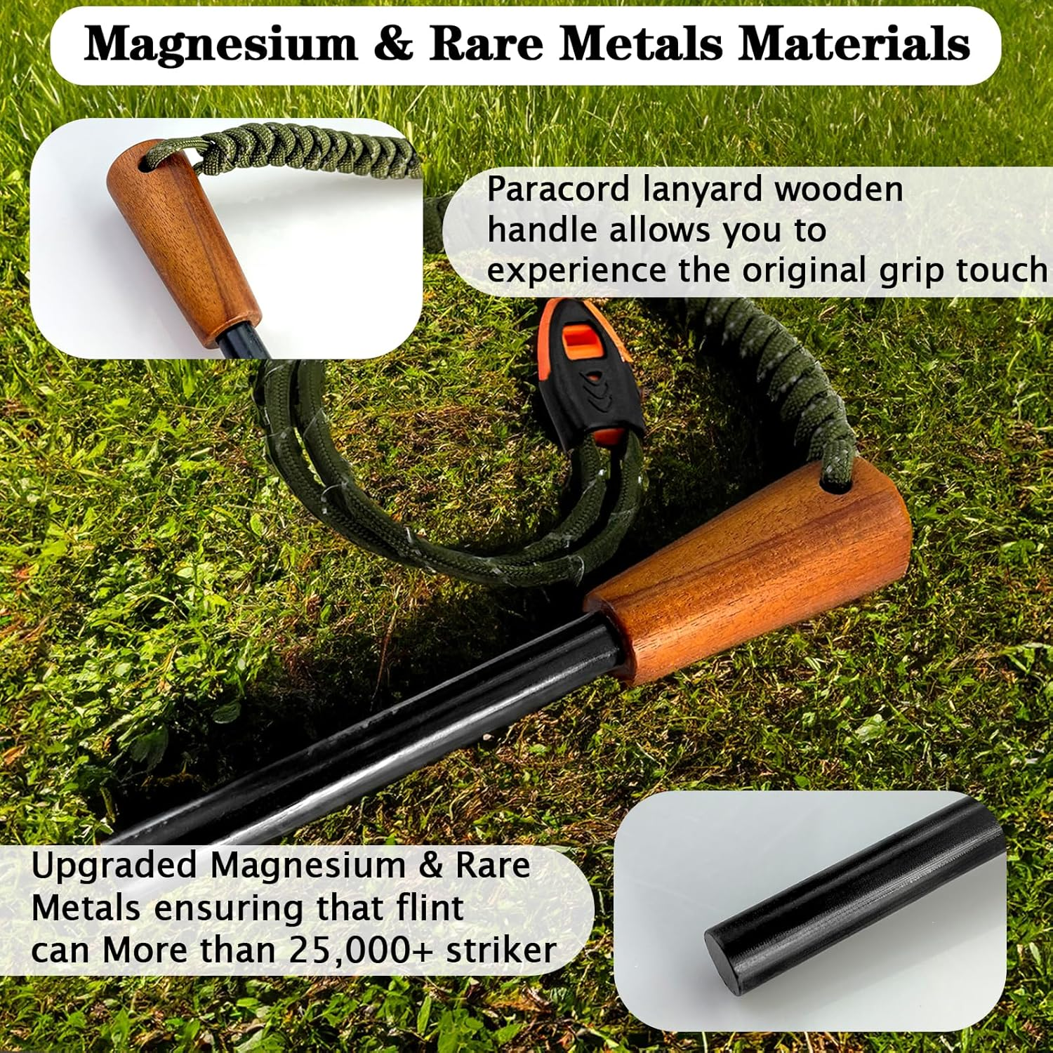 Outdoor Ferro Rod Flint Fire Starter with Handcrafted Wood Handle, | 20,000+ Strikes | Survival Flint and Steel Rods with Whistle,Carabiner,Paracord Reflective Neck-Wrist Lanyard for Your Camping Gear