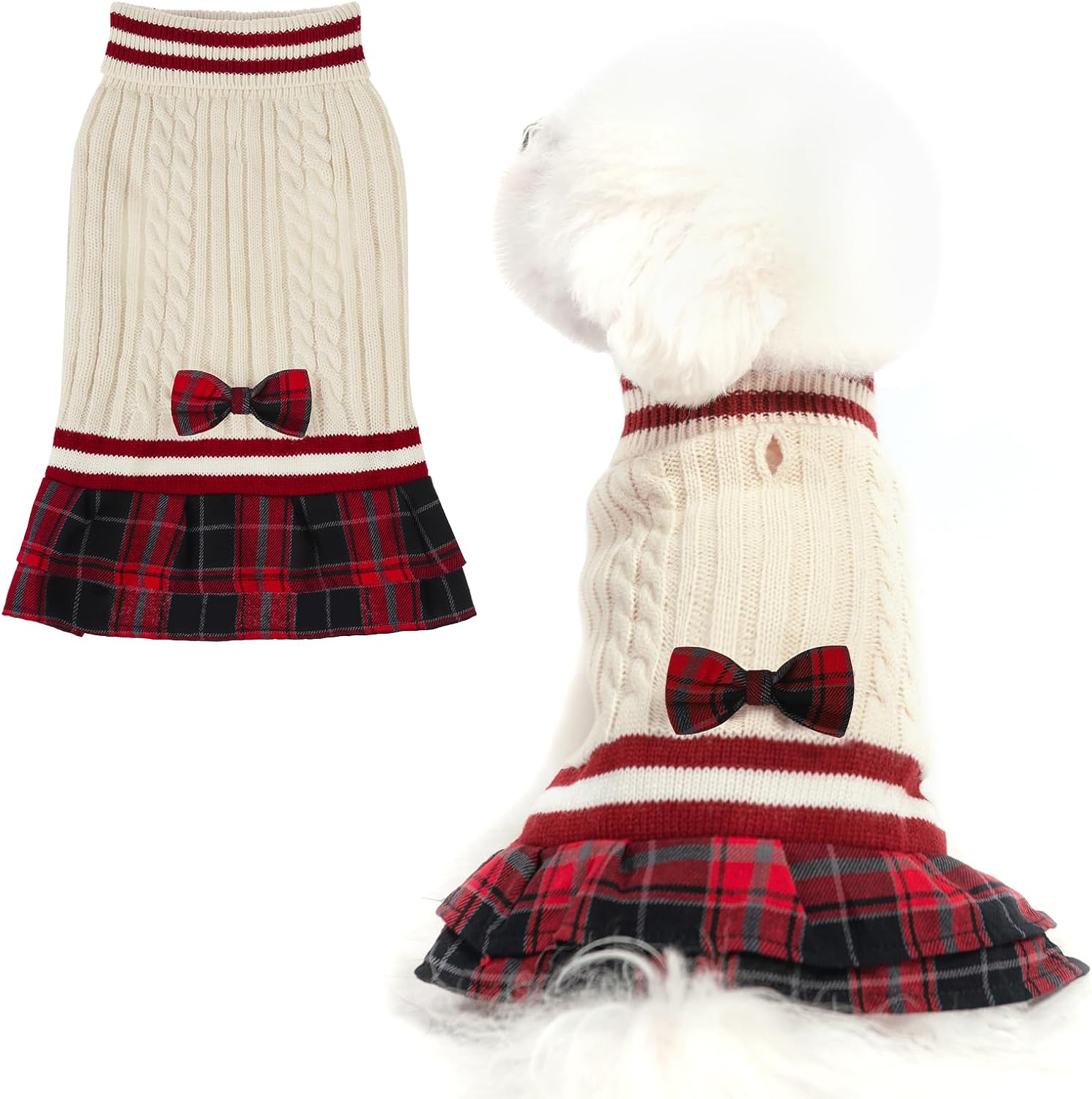 PAWCHIE Dog Sweater Dress with Bowtie - Dog Turtleneck Pullover Knitwear for Small Dogs Girls Cold Weather Sweater with Leash Hole, Suitable for Small Medium Dogs Puppies