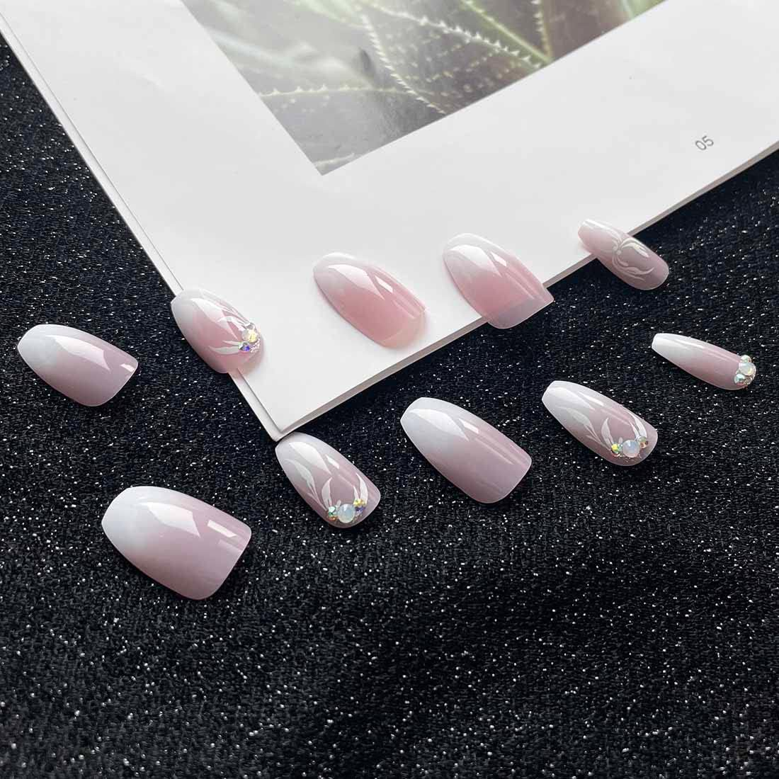 Square Gradient Nails Fake Nude Mid Glitter Fake Nail Crystal Flower Acrylic Print on Nails French Full Cover False Nails for Women Girls