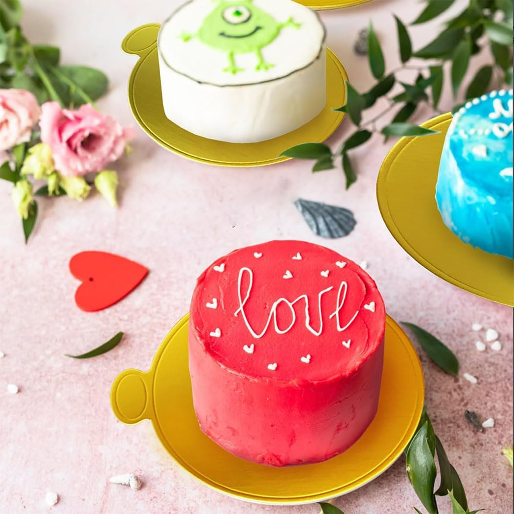 Idopick Mini Cake Boards, 100 Pcs Gold Cake Boards Food-Graded Cake Base, Disposable Circle Base 3.15 Inch round Paper Cupcake Dessert Displays Tray for Cake DIY image number 5