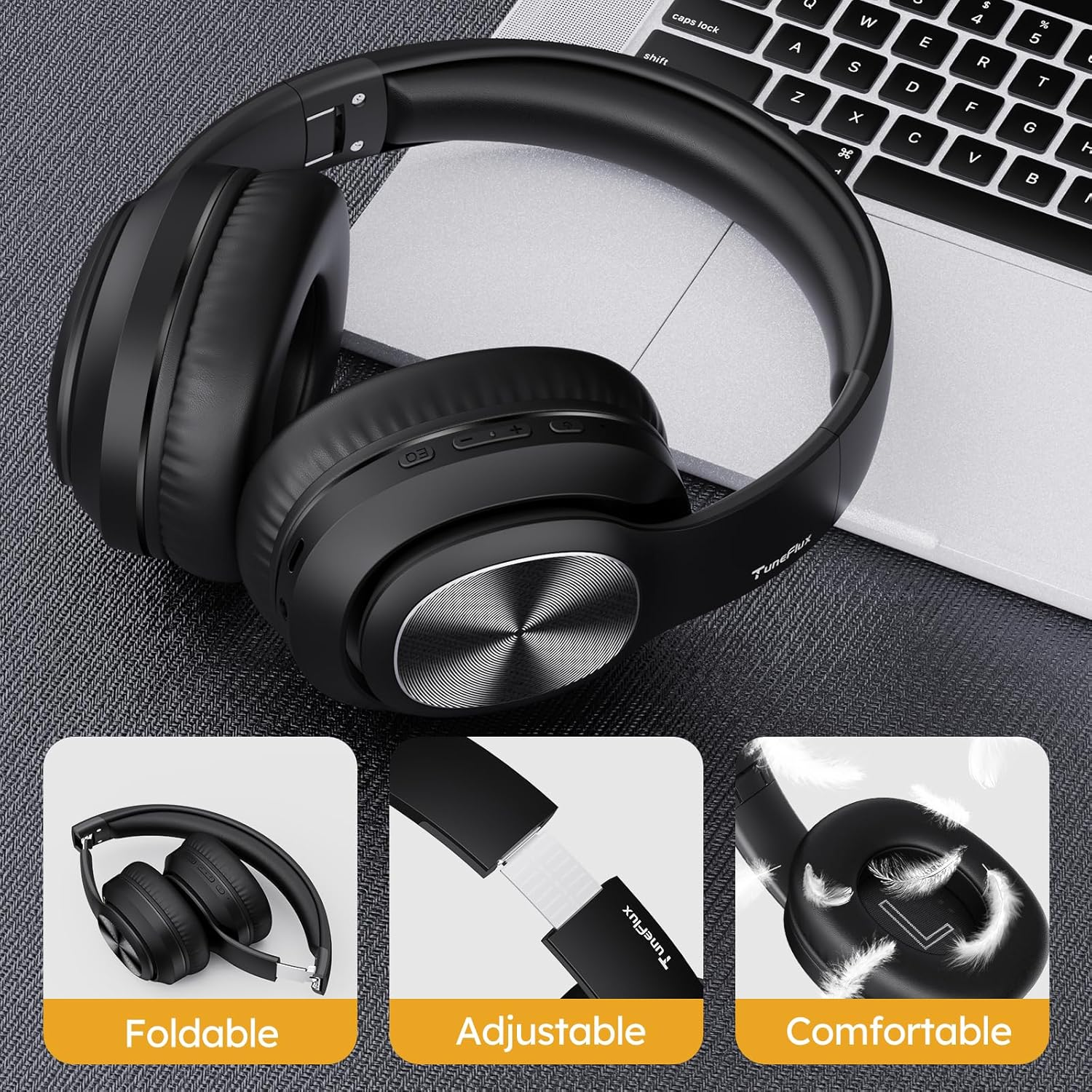 Tuneflux Bluetooth Headphones over Ear, 80 Hours Battery Life, Wireless Bluetooth Headphones with 3 EQ Modes, Hifi Stereo, Built-In Microphone, Foldable Wireless Headphones, Black image number 6