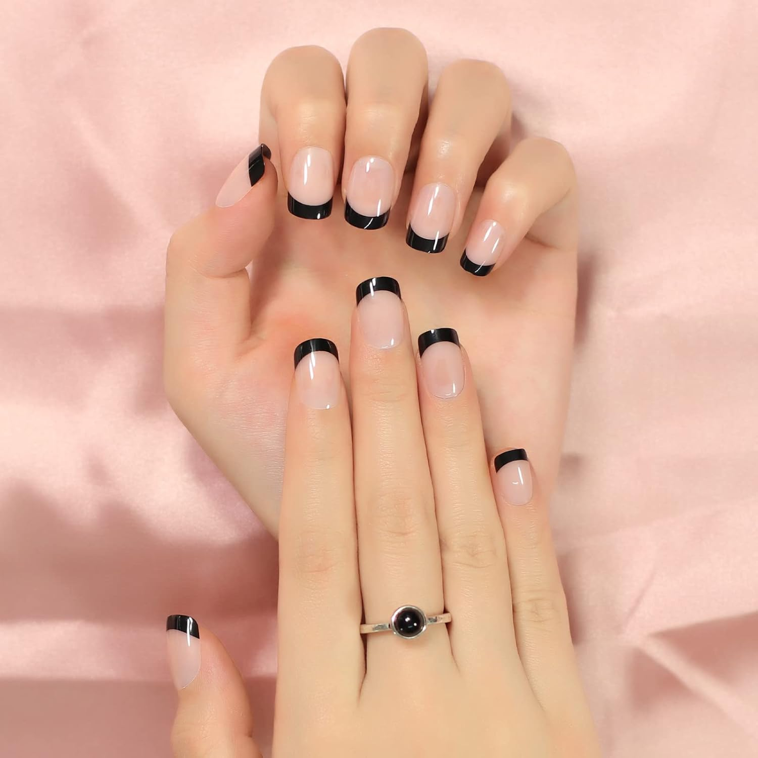 Black Tip Classy Finish Polish Press on Nails Medium-Short French Square Gel Acrylic Manicure DIY Reusable False Nails 24Pcs - Silver image number 4