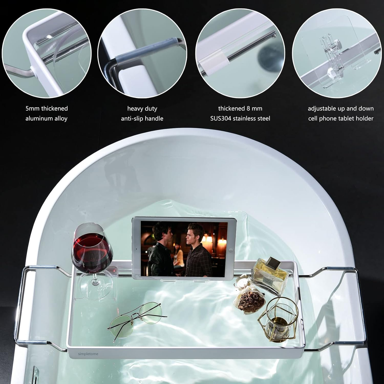 Simpletome Bathtub Tray Expandable, Floating Clear Acrylic with Aluminum Alloy, Anti-Slip (White) - White image number 4