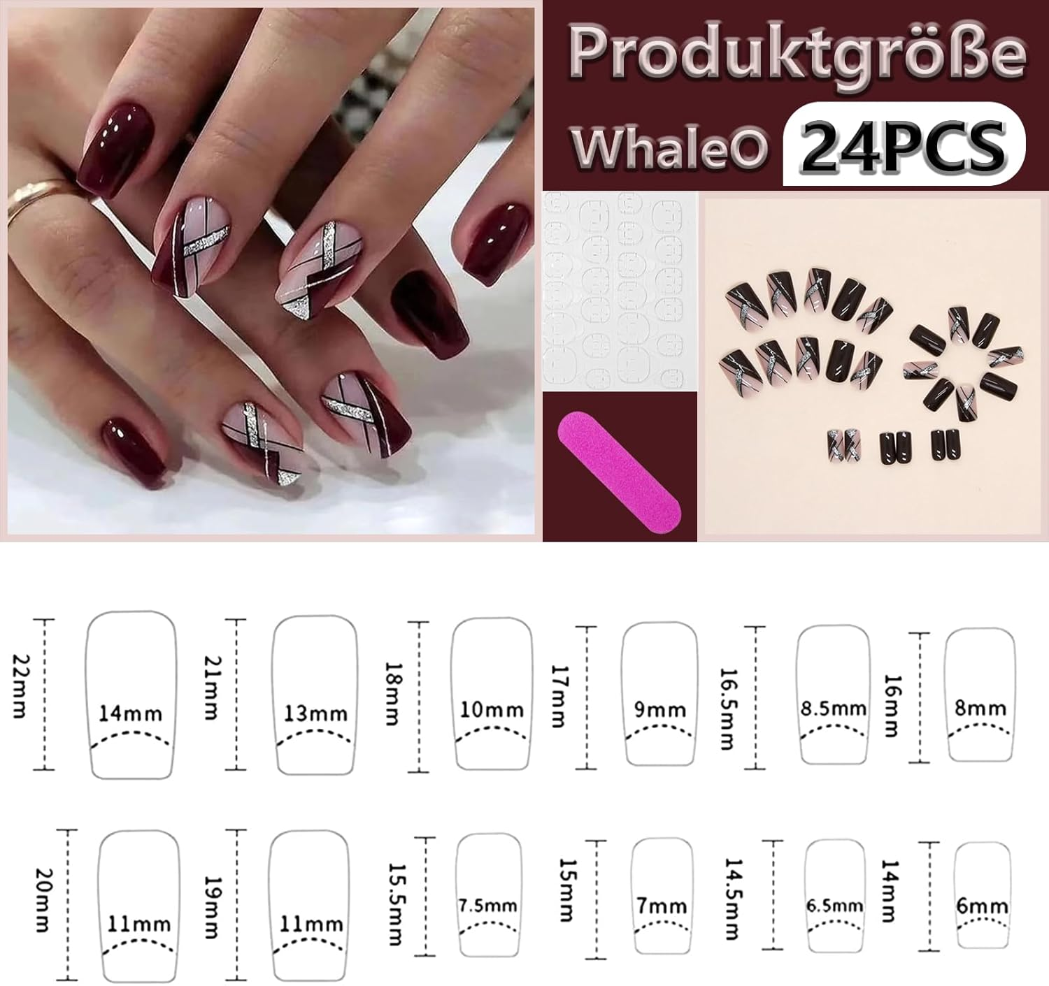 Whaleo 24 Pieces False Nails with Glue Stickers Press on Nails Press on Gel False Nails Gel False Nails Adhesive False Nails for Women Girls - Dark Red Lines image number 1