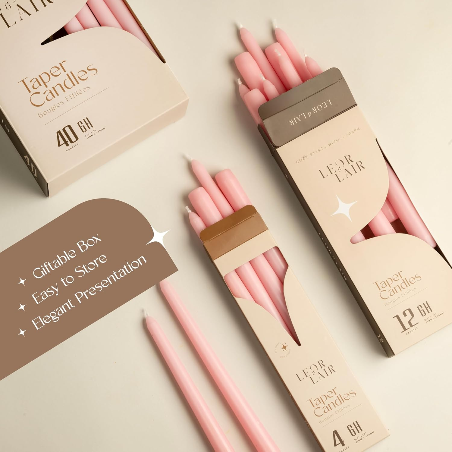 Leor & Lair Light Pink Taper Candles - 12 Pack 10" Pink Candlesticks - Unscented Blush Candles for Weddings, Mother&rsquo;S Day, Baby Showers, Dinner Table & Holiday Decor - Black image number 3