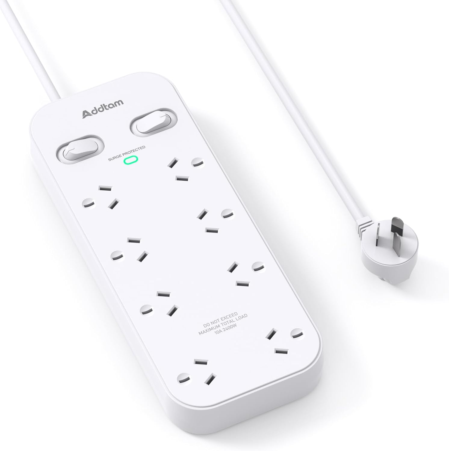 Power Board Surge Protected- 8 Widely Outlets(10A/2400W) Powerboard with 1M Extension Cord, 900J Surge Protection Double Switch, Wall Mountable for Home Office Accessories