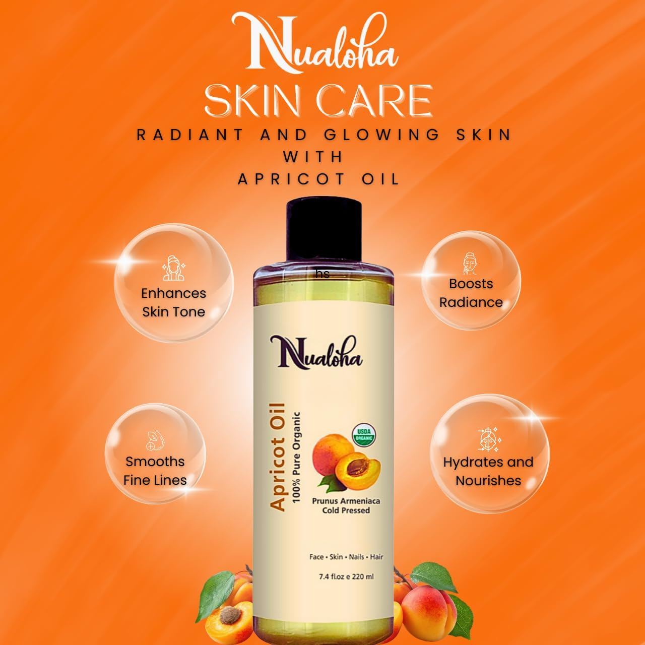 Nualoha Apricot Kernel Oil 220 ML, Pure Cold Pressed Apricot Carrier Oil for Face, Skin, Hair, Body image number 3