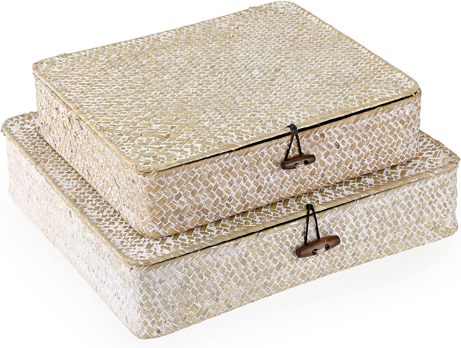 SUMNACON 2 X Rattan Baskets Made of Natural Seagrass with Lid Handmade Storage Box Storage Baskets Organiser Basket for Kitchen Bathroom Bedroom Large + Small (Rectangular, White)