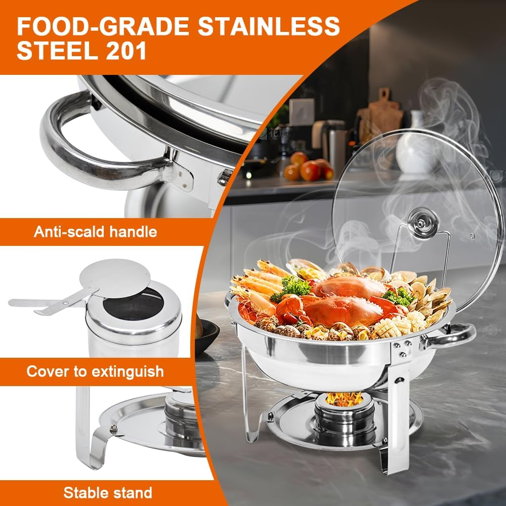ALSTON 2 Pack round Chafing Dish Buffet Set 201 Stainless Steel 4.5L Food Pan with Glass Lid and Fuel Holder Complete Set for Restaurant Party Catering Wedding image number 1