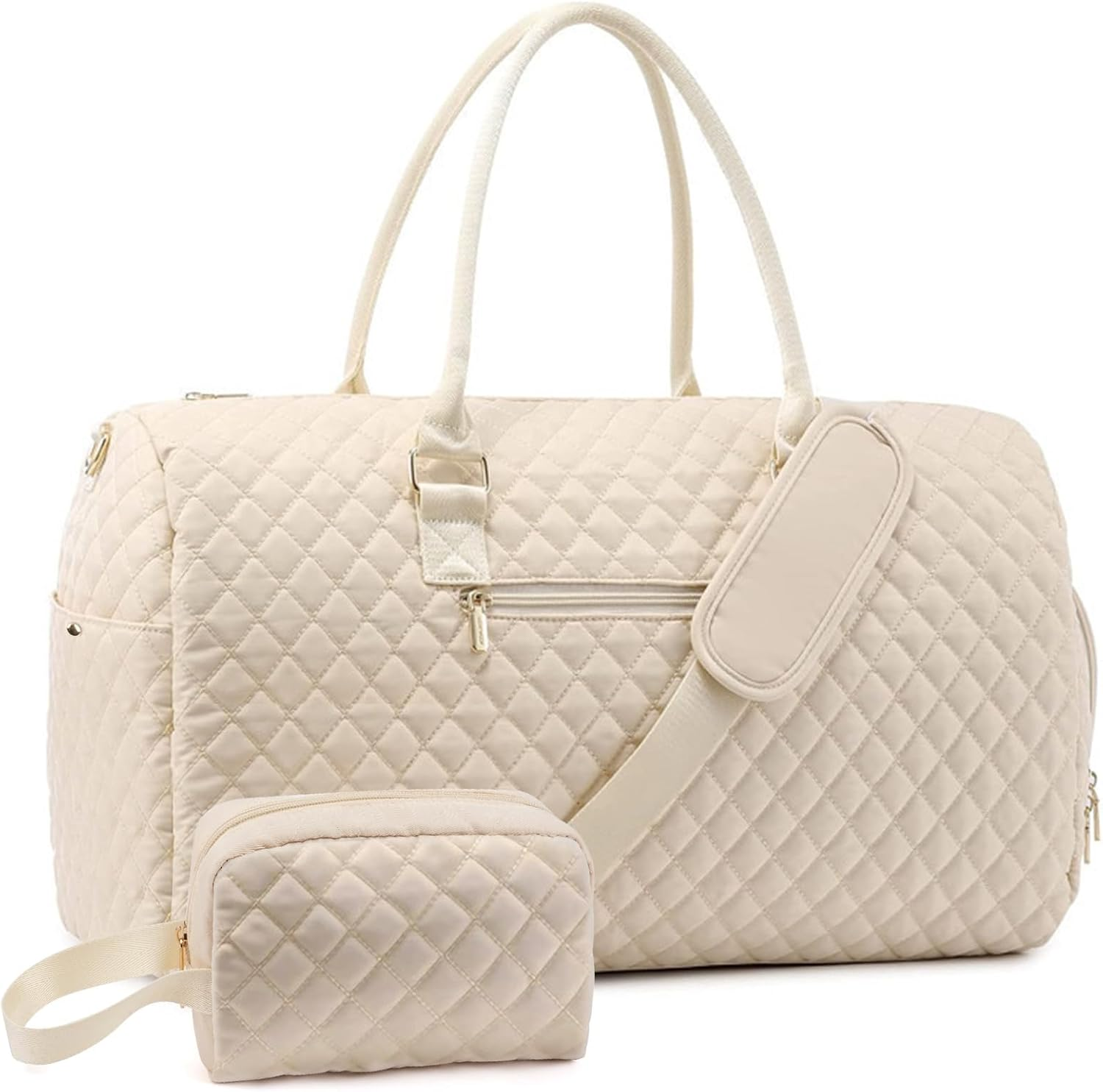 Epzia Women'S 50L Duffle Bag for Travel Gym & Sports - Weekender Carry on Bag with Shoe Compartment, Wet Pocket & Toiletry Bag | Hospital Overnight Bag for Labor Delivery, Travel Duffel Bags Beige