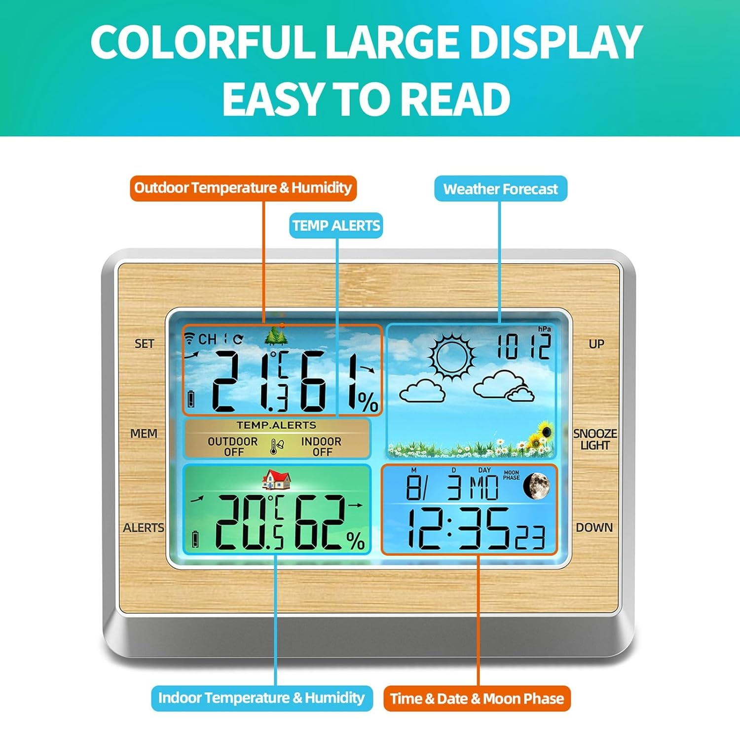 Large Color Screen Wireless Weather Station Clock with Brightness Adjust, Indoor Outdoor Temperature, Humidity Meter, USB Port image number 4