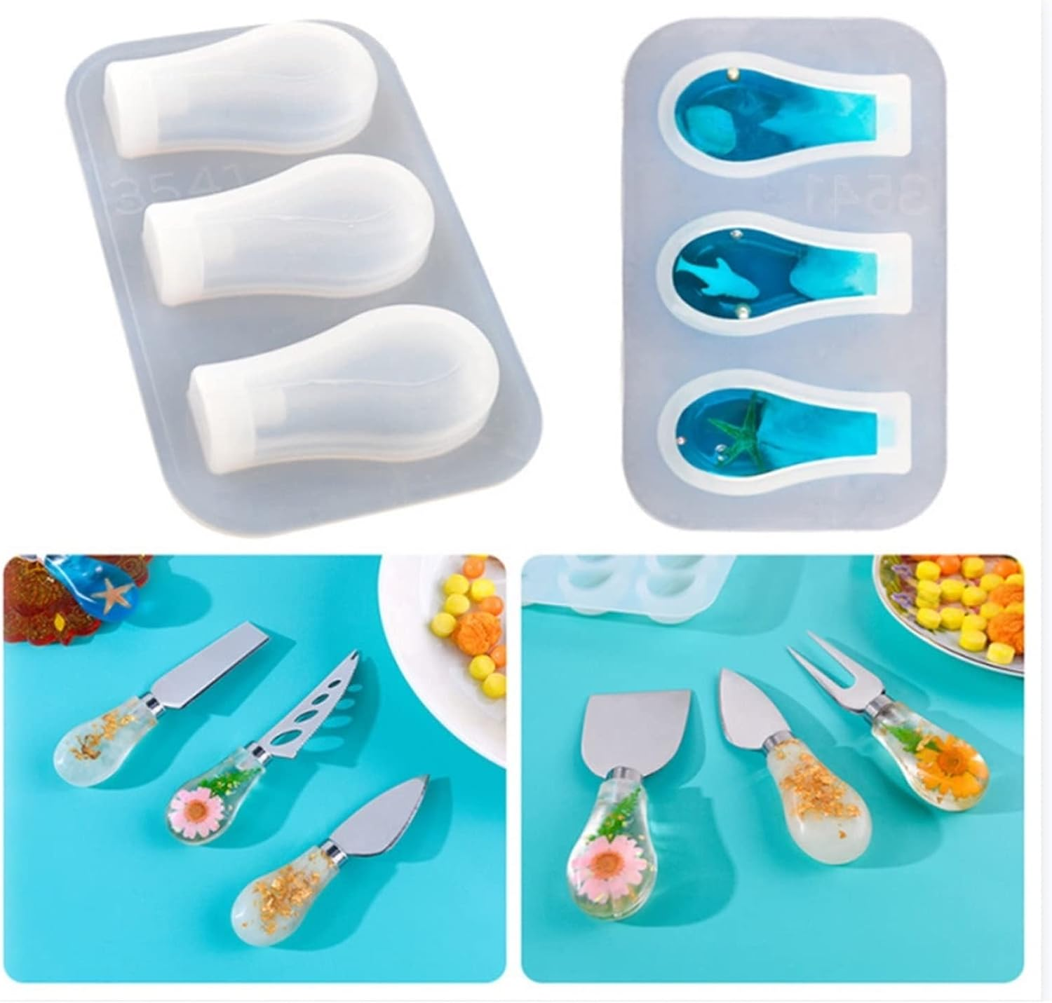 Charcuterie Board Resin Knife Base Handle Mold Collection,3Pcs Handle with 5Pcs Blade Resin Casting Mold for DIY Cutlery Handle Epoxy Resin Mold (5PCS Tableware)