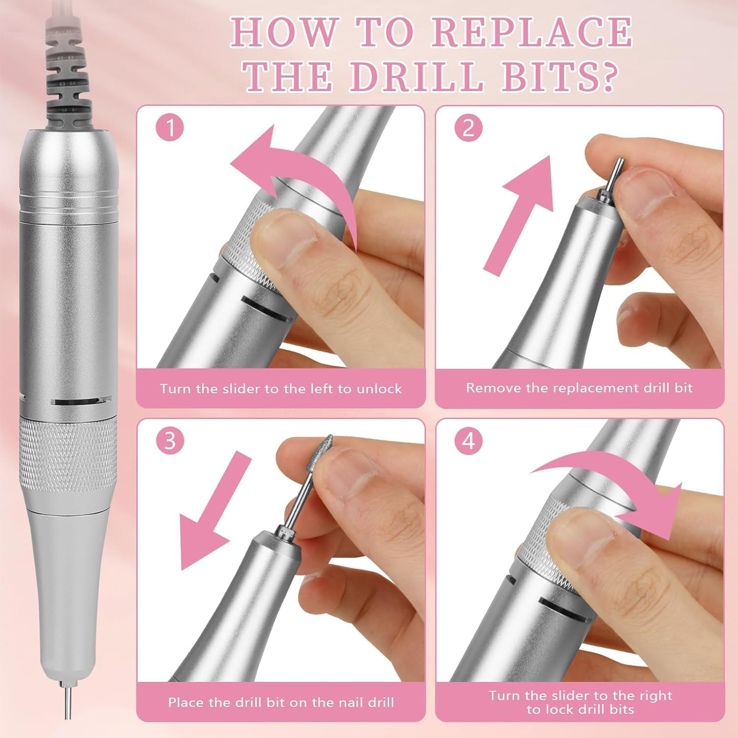 Yisis Professional Electric Nail File Kit - 45000RPM Rechargeable Nail Drill with 11 Bits, LED Screen, Ultra-Silent & Portable Design for Acrylics, Gel, Manicure (Pink)