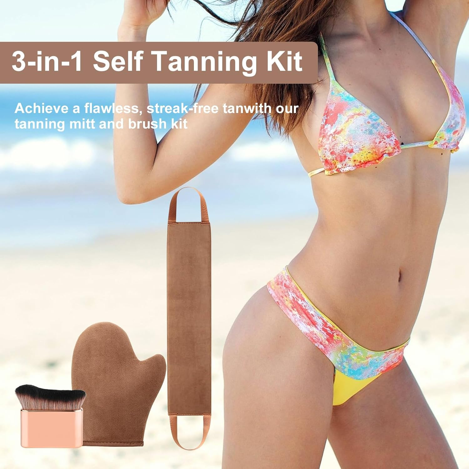 3-In-1 Self Tanner Mitt Applicator Kit &ndash; Tanning Glove, Back Applicator Body Brush for Streak-Free, Even Fake Tan （Brown）