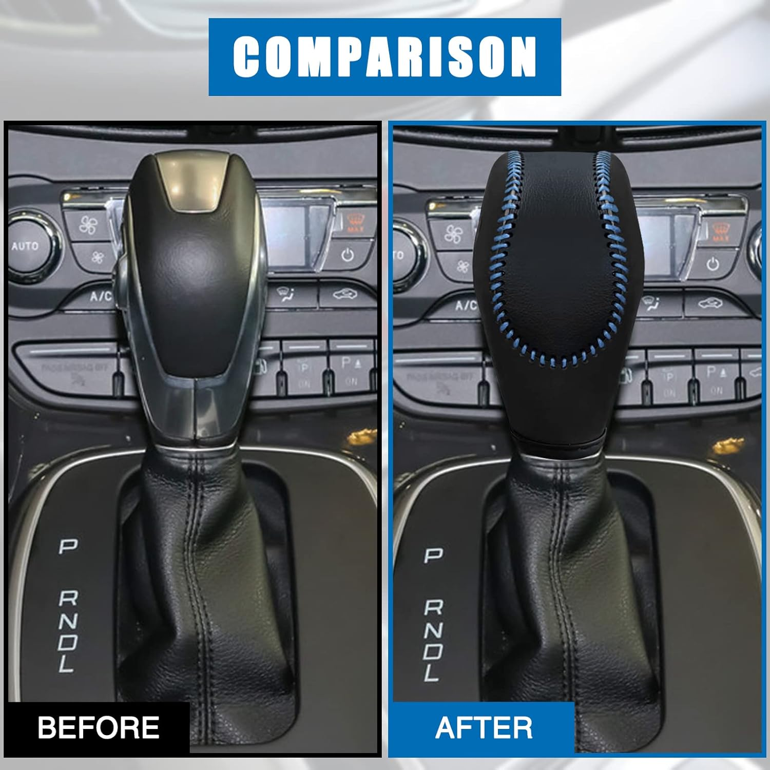 AICARS Leather Gear Shift Knob Cover Compatible with Ford Focus丨 Escape丨 Fusion丨 C-Max Energi Wagon丨 Transit 丨 Fiesta 2012-2019 Black Leather with Blue Stitches Shifter Knob Cover- Black