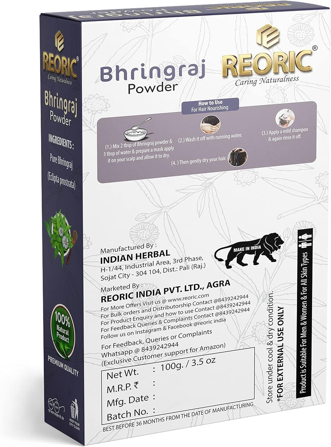 Reoric Amla Powder and Bhringraj Powder |Amla Powder |Indian Gooseberry Powder |Bhringraj Powder for Hair Growth |Eclipta Alba |Natural Hair Powder(200G, Pack of 2) image number 5