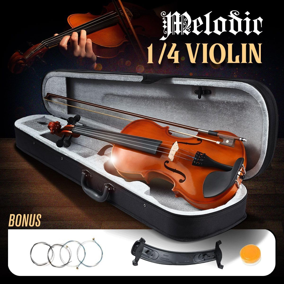 Melodic 1/4 Size Acoustic Violin Kit 4 Strings Natural Varnish Finish with Case Bow
